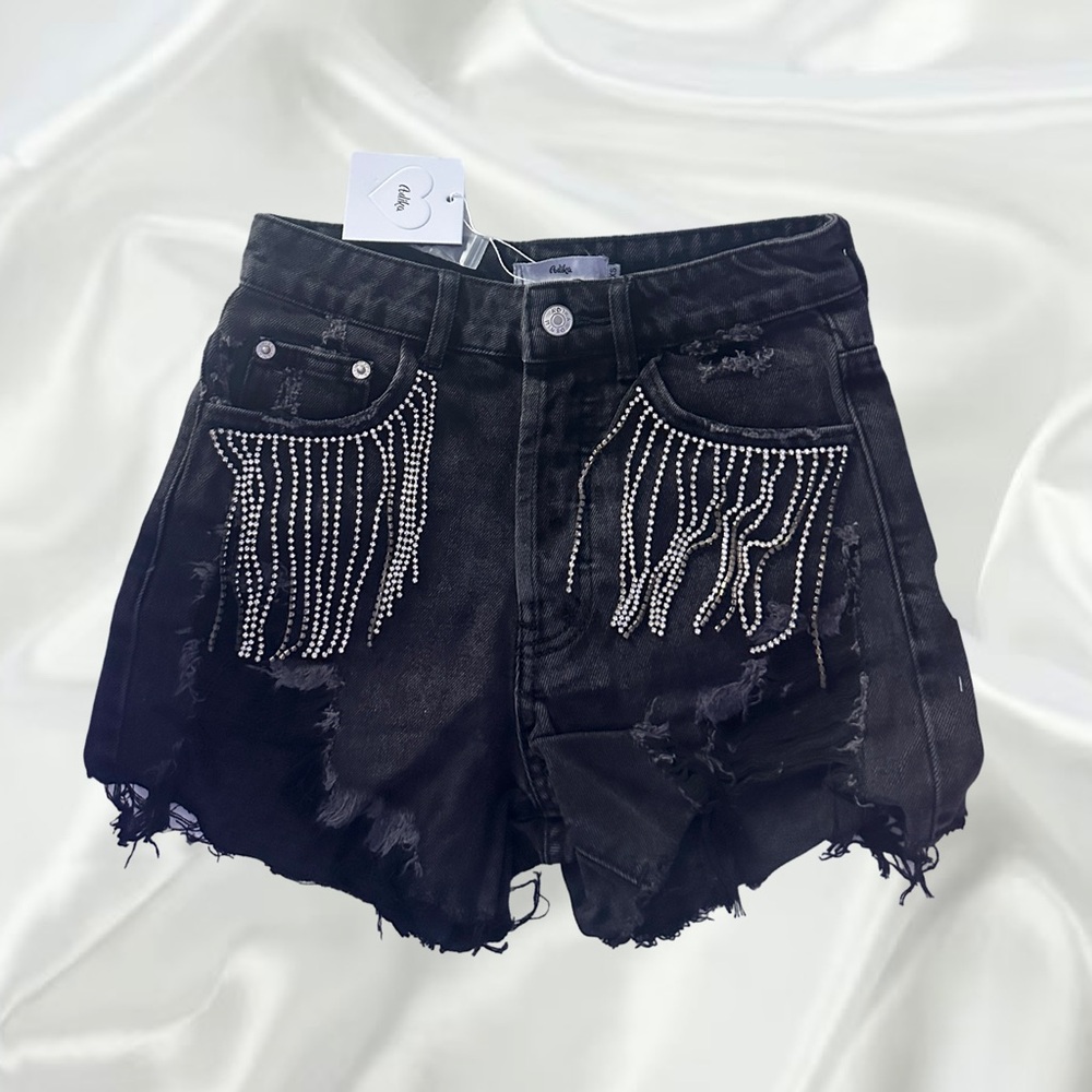 Adika Black Denim Rhinstone Shorts size XS